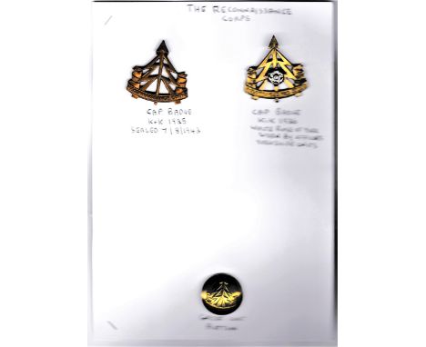 The Reconnaissance Corps Cap Badge (Gilding-metal), slider and Reconnaissance Corps (Yorkshire Units) Cap Badge with Great Co
