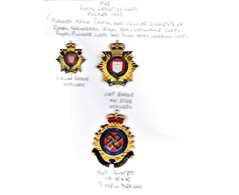 Royal Logistics Corps EIIR Cap Badges and Collar Badge (Staybright &amp; Enamel). Regt formed from Postal and Courier element