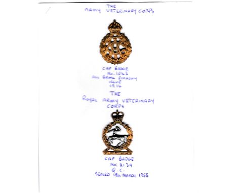The Army Veterinary Corps WWI Economy Issue Cap Badge (Brass), slider and EIIR Type. K&amp;K: 1043 and 2139.