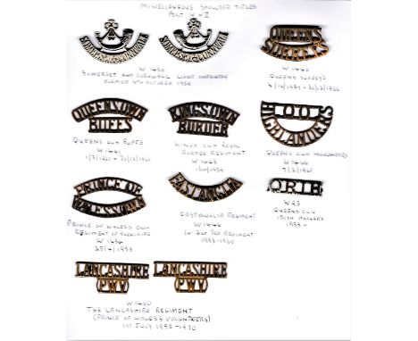 British Regimental Shoulder Titles (11): Somerset and Cornwall Light Infantry, Queen's Surrey's, King's Own Border Regt, Quee