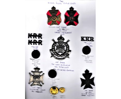 King's Royal Rifle Corps Collection on a sheet including K&amp;K: 2011 Officers and Other Ranks Cap Badges (g/m and blackened