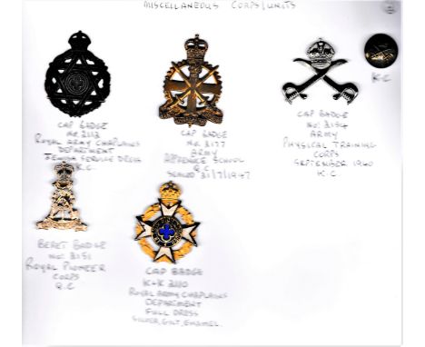 British Miscellaneous Corps/Units (5) including: Royal Army Chaplains Department (Jewish) Service Dress Cap Badge, Royal Army