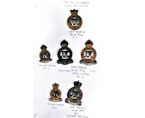 4th Queen's Own Hussars QVC, KC and EIIR Cap Badges (4) with a KC and a QC Collar. (Bi-metal). K&amp;K: 754, 756 &amp; 1897. 