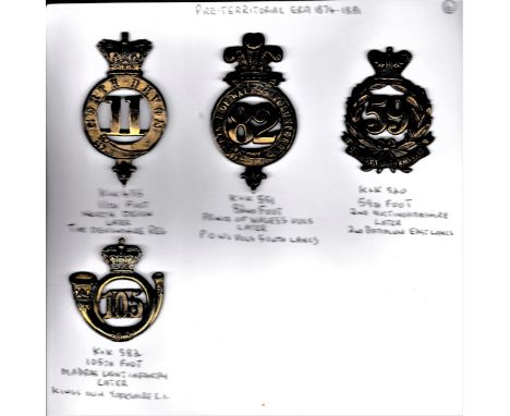 Pre-Territorial Era 1874-1881 Glengarry Badges including: 11th Regt of Foot (North Devon), 82nd Foot (PWO Vol's), 52nd Foot (