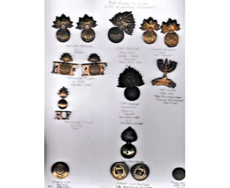 The Royal Fusiliers Collection on a sheet including: K&amp;K: 597 WWI Cap Badge with two sets of Collar badges, Shoulder Titl