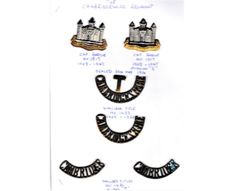 The Cambridgeshire Regt Cap Badge and Shoulder Titles, Two Cap Badges (With Error cast missing the 'E') both K&amp;K: 1817, C