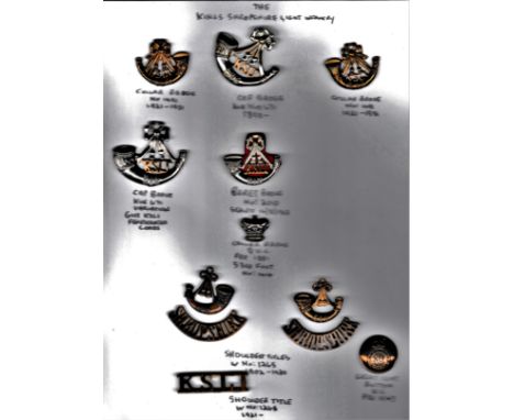 King's Shropshire Light Infantry Cap Badge and Shoulder Title Collection - five cap badges (Bi-metal), Collar Badges and Shro