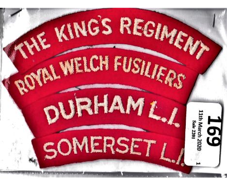 British Cloth Shoulder Titles (4) Durham Light Infantry, The King's Regiment, Royal Welch Fusiliers and Somerset Light Infant
