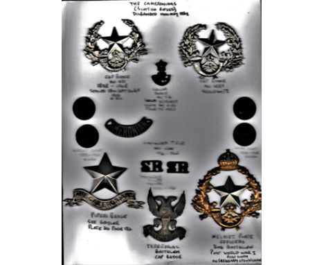 The Cameronians (Scottish Rifles) this Regt later disbanded 14th May 1968, a collection on a sheet including: Glengarry Badge