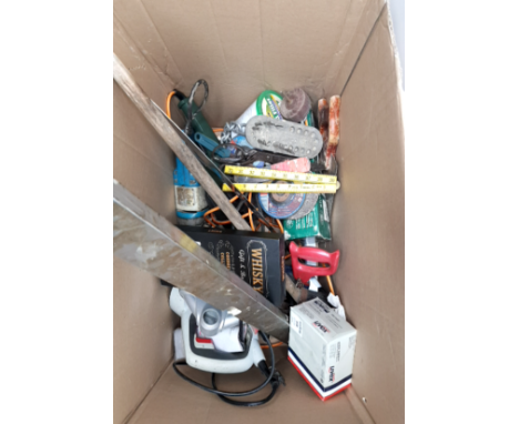A BOX CONTAINING A LARGE QUANTITY OF TOOLS CIRCULAR SAW ETC