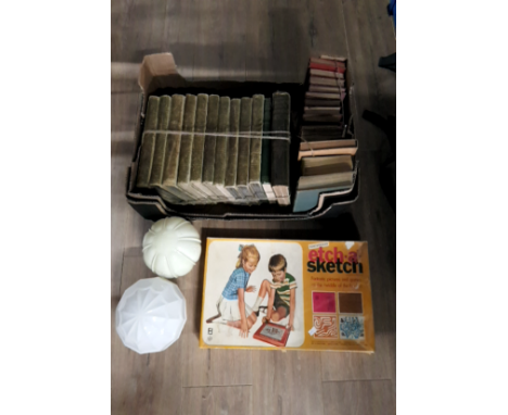 A BOX CONTAINING ANTIQUARIAN BOOKS A BOXED ETCH-A-SKETCH AND TWO GLASS LIGHT SHADES