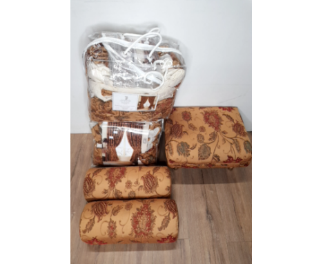 ZURICH LINED READY MADE CURTAINS IN GOLD CHAMPAGNE FABRIC TOGETHER WITH MATCHING CUSHIONS AND FOOTSTOOL