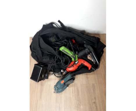 A LARGE HOLDALL CONTAINING BLACK AN DECKER DRILL AN PLANER PLUS OTHER MISCELLANEOUS TOOLS