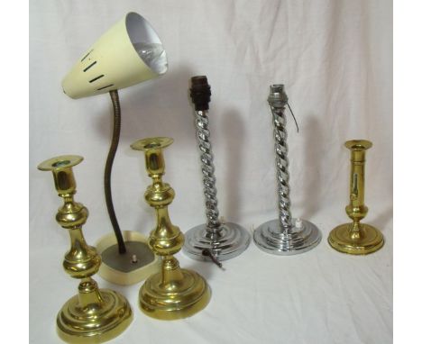 Pair of large brass candlesticks, brass candlestick with side pusher, pair of chrome barley twist lamp bases and a vintage an