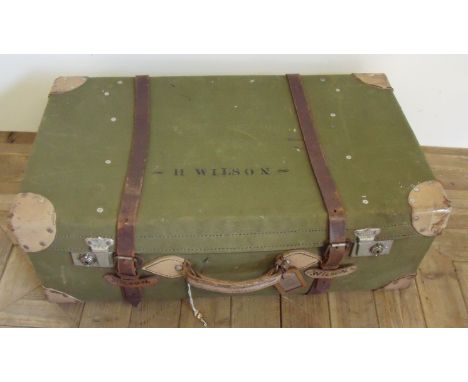 Vintage canvas and leather bound travelling trunk (77cm x 44cm x 27cm)