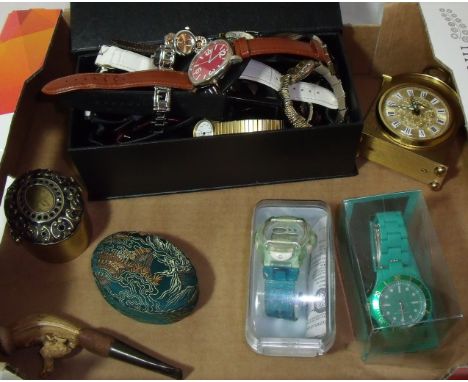 Selection of various fashion watches including Baby G, small carved meerschaum pie in the form of a ram (a/f), trinket boxes,