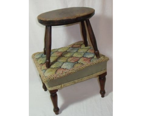 Small oval topped oak stool and upholstered topped footstool on turned supports