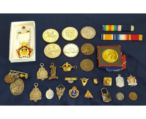 Masonic Steward medal, selection of various fobs including silver and enamel, commemorative crowns, Canadian 1960 dollar and 