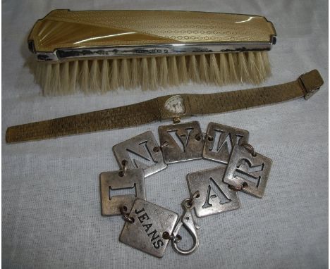 Art Deco Birmingham silver hallmarked dressing table brush with enamel back,  Armani Jeans bracelet and a ladies Originex wri