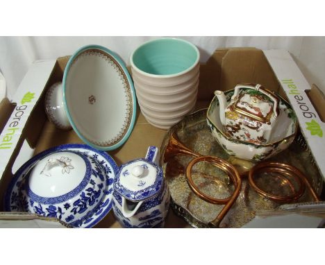 Mason's 'Brown Velvet' teapot, Mason's 'Chartreuse' small bowl, Poole Pottery ribbed vase, Royal Doulton comport with gilt de