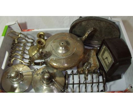 Two silver plated toast racks, two chrome spirit burners, small pair of brass candlesticks, silver plated teapot, Genalex ele