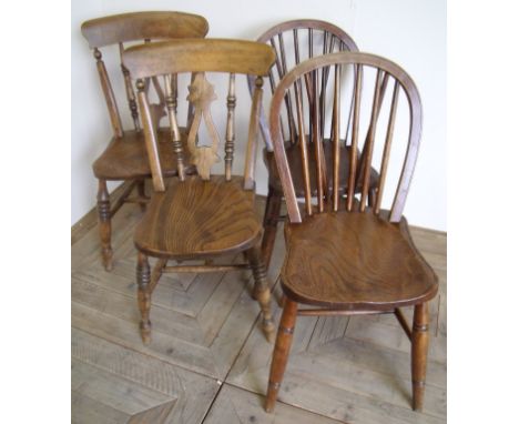 Pair of stick hoop back country style chairs with H shaped under stretcher and turned supports and a similar pair of spindle 