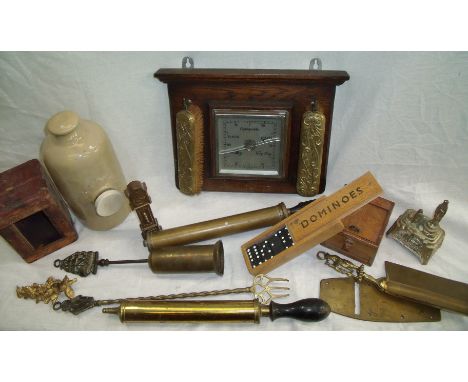 Stoneware hot water bottle, wall mounted barometer and clothes brushes, glassware, garden sprayers, carriage clock etc.