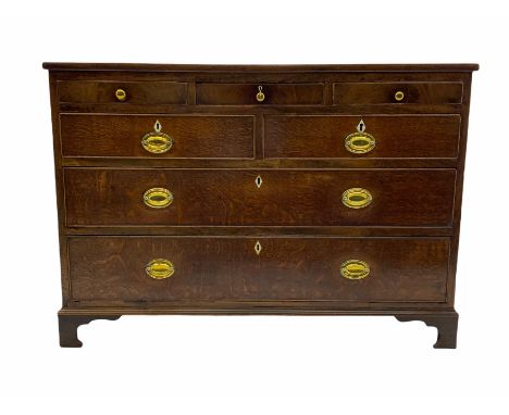 George III oak and mahogany chest, rectangular banded top over three small, two short and two long graduating drawers, bracke