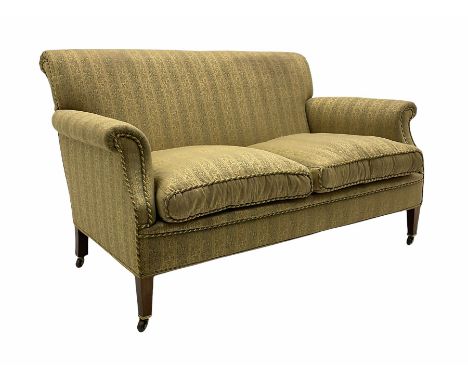 Early 20th century beech framed settee upholstered in a foliate striped fabric, sprung seat and back, square tapering front s