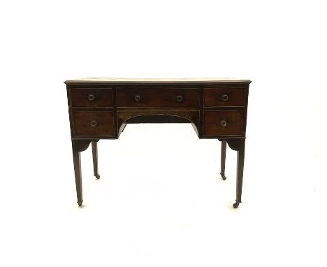 19th century mahogany kneehole dressing table desk, moulded rectangular top over five drawers, square tapering supports with 