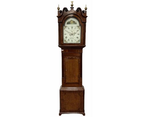 Early 19th century oak and mahogany longcase clock, the hood with scrolled pediment over stepped arch glazed door, multi-cusp