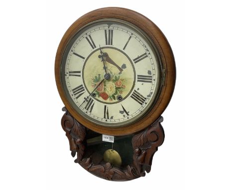 19th century mahogany circular drop dial wall clock, painted enamel face with bird and flowersDimensions: Depth/Diameter:&nbs