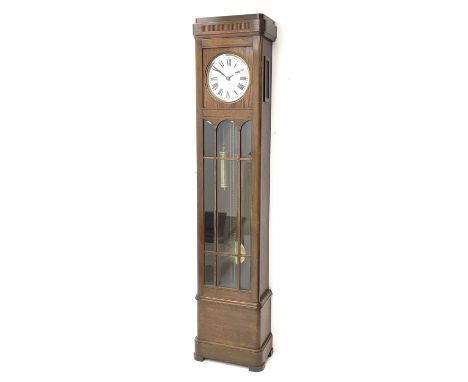 Early 20th century oak longcase clock, circular Roman dial signed 'Barnby &amp; Rust, Hull', twin weight driven movement stri