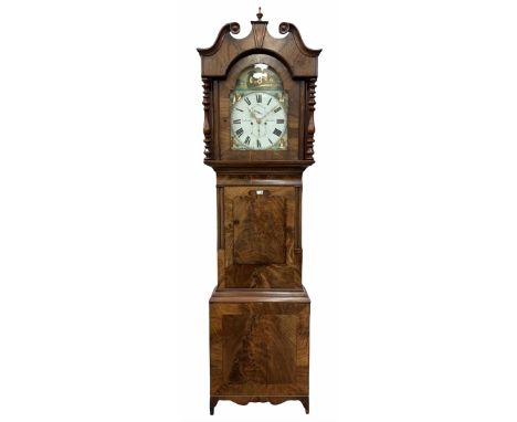 19th century mahogany longcase clock, the hood with scrolled pediment above turned pilasters enclosing stepped arch glazed do