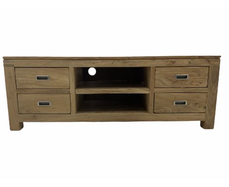 Hardwood entertainment console unit, fitted with two shelves and four drawersDimensions: Height:&nbsp;50cm&nbsp; Length/Width