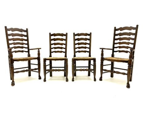 Set four (2+2) late 20th century stained ash farmhouse style dining chairs, with waved ladder backs and rush seats