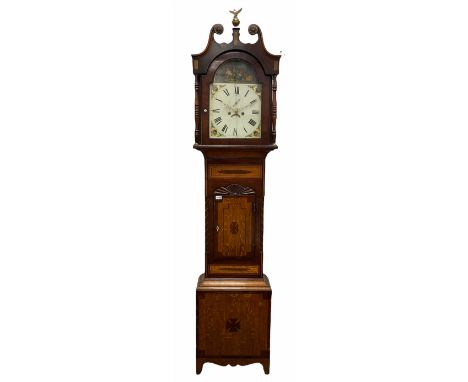 Early 19th century mahogany and oak longcase clock, the hood with scrolled pediment and central finial, stepped arch hood doo