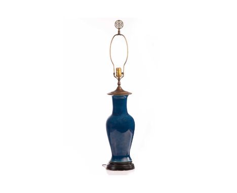 A Japanese turquoise glazed table lamp, late 20th century, with finely craze glaze, on turned wood base, 41cm high excluding 