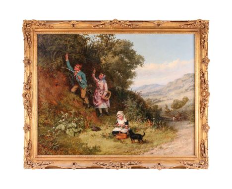 William Bromley III (Fl.1835-1888) British, 'Picking Fruit', large oil on canvas, 70 cm x 90 cm in a giltwood frame.Haynes Fi