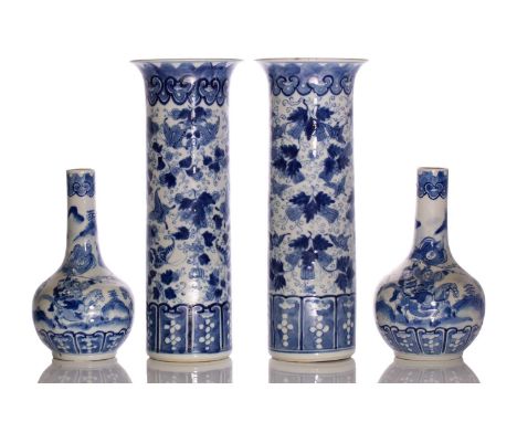 A pair of Chinese blue and white porcelain bottle vases, Qing Dynasty, late 19th century, painted with warring figures probab