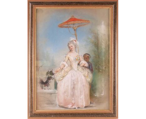 19th century school, a portrait of a finely dressed lady with parasol, a servant and dog at her side, unsigned pastel, 67cm x