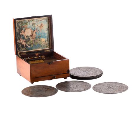 An early 20th-century walnut-cased tabletop polyphon, and twelve (20.5 cm diameter) disks. 25.5 cm wide x 25.5 cm long x 14 c