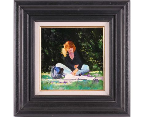 Graham Elliott (contemporary), 'Reading in the Shade, Victoria Embankment Gardens, London', oil on board, signed to lower lef