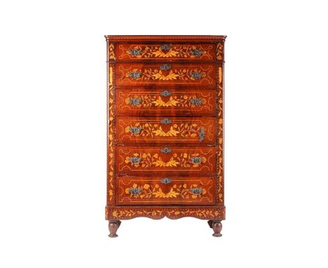 An early 19th-century Dutch marquetry inlaid mahogany pedestal chest of six short drawers inlaid throughout with flowers and 