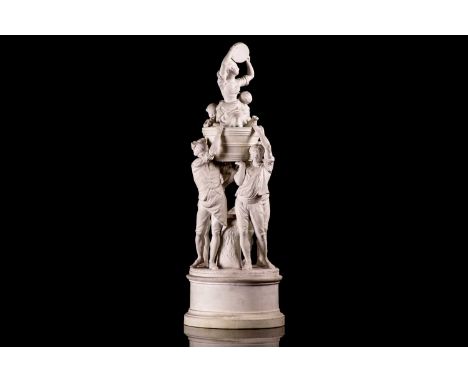 A large French Niderviller Parian ware figure group, four gentlemen carrying a woman and children in a basket, raised on a ci