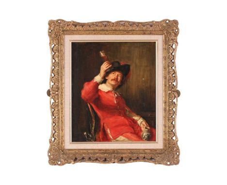 19th century school, portrait of a seated soldier in red tunic, unsigned oil on canvas, 30 cm x 26 cm in a gilt frame.