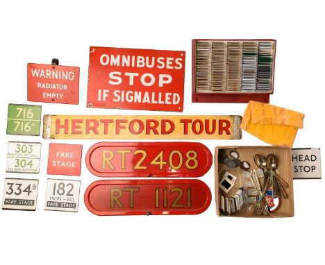 A good collection of enamel bus signs, mid-20th century and later, together with a painted wood bus route board, 'Hertford To