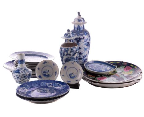 A small collection of mostly Chinese blue and white 19th /20th-century porcelain including a baluster vase and cover, plates,