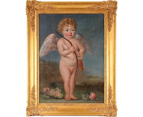 20th century school, a naive portrait of Cupid, oil on canvas, 75 cm x 55 cm in a gilt frame.No major damage or repair. Surfa
