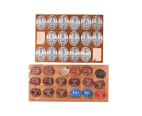 A collection of early 20th century Thames Conservancy enamel plates / licences, dating from 1915 - 1948, mounted to two woode